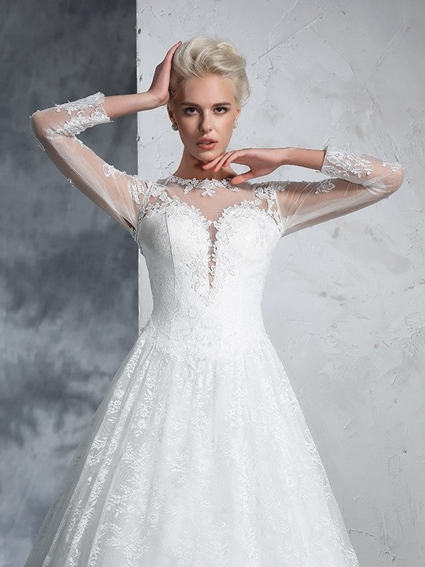 Ball Gown Lace Long Jewel Sleeves Long Lace Wedding Dresses