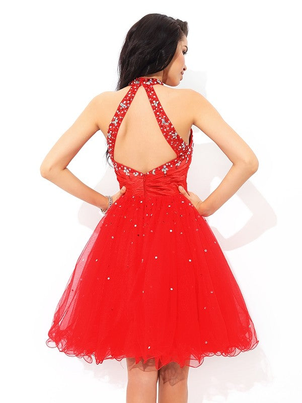 A-Line/Princess High Neck Beading Sleeveless Short Cocktail Homecoming Dresses Arely Net Dresses