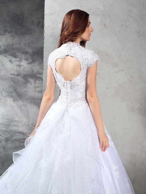 Long Sleeveless Sweetheart Ball Lace Gown Organza Wedding Dresses