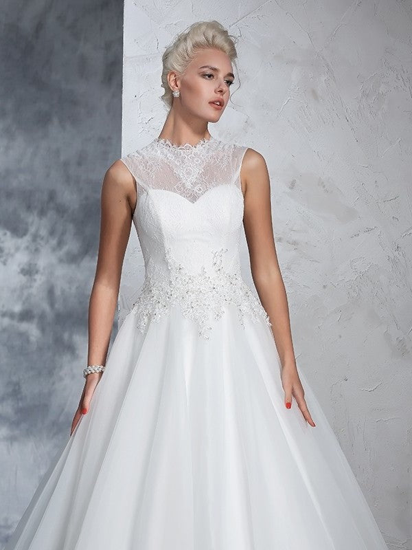 Neck High Long Ball Gown Sleeveless Applique Net Wedding Dresses