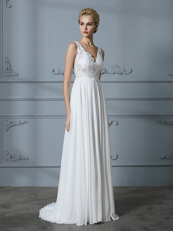 Train Sweep/Brush Sleeveless A-Line/Princess V-neck Chiffon Wedding Dresses