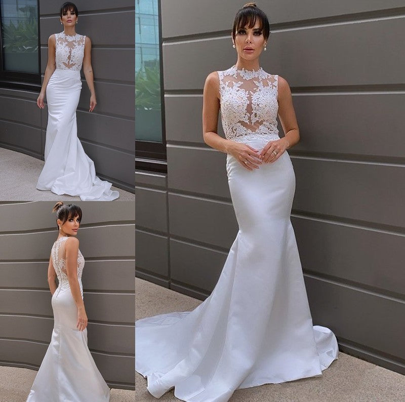 Applique Scoop Satin Sleeveless Court Trumpet/Mermaid Train Wedding Dresses