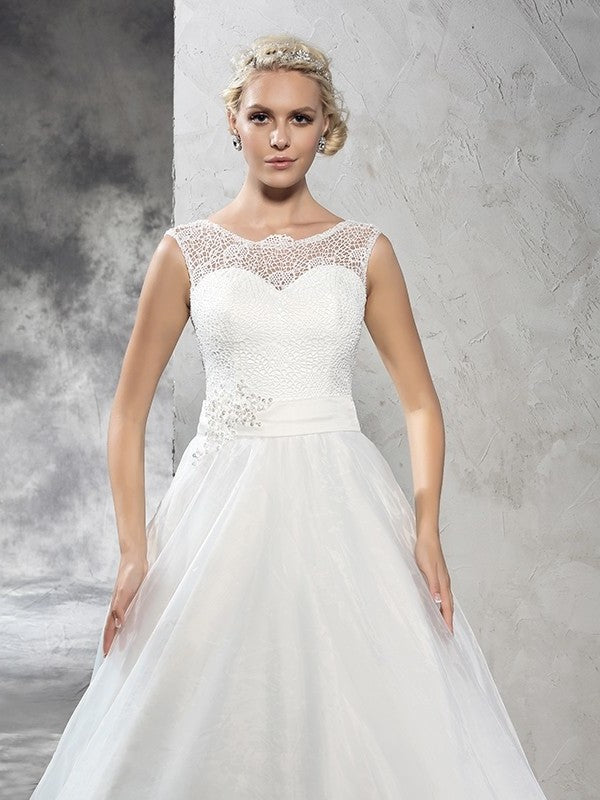 Gown Neck Ball Sleeveless Sash/Ribbon/Belt Long Sheer Net Wedding Dresses