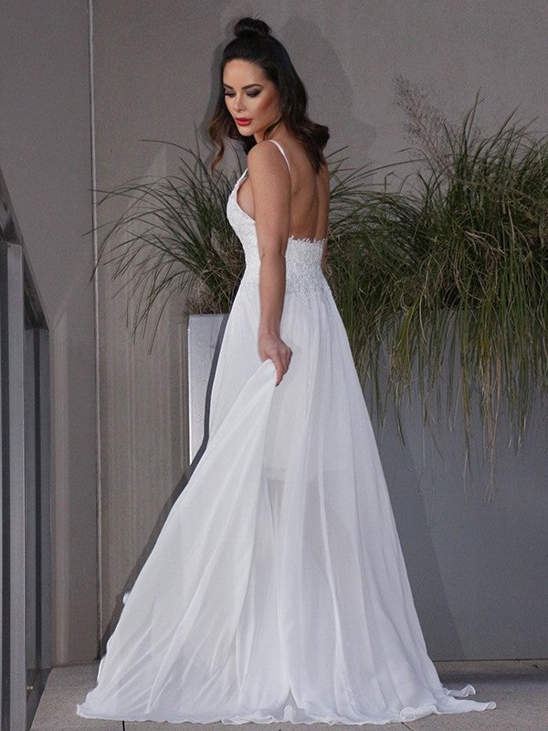 Sweep/Brush Chiffon Sleeveless V-neck A-Line/Princess Applique Train Wedding Dresses