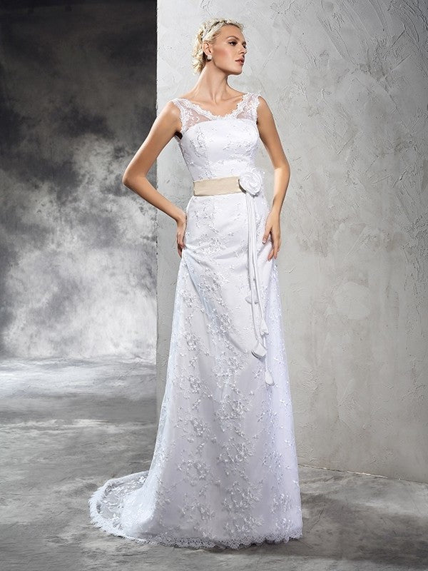 Sleeveless Sheath/Column Neck Long Flower Sheer Hand-Made Satin Wedding Dresses