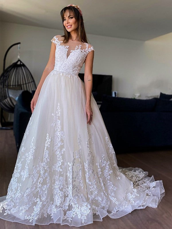 Tulle Applique Court Sleeveless A-Line/Princess V-neck Train Wedding Dresses