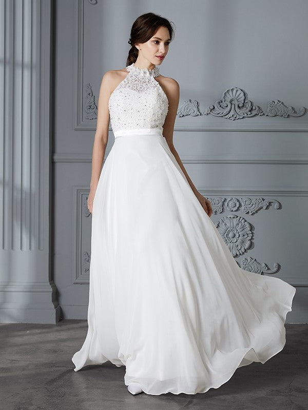 Scoop Sleeveless A-Line/Princess Floor-Length Chiffon Wedding Dresses