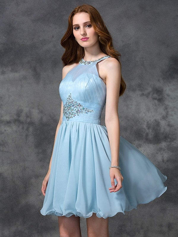 A-line/Princess Scoop Beading Sleeveless Short Chiffon Homecoming Dresses Cocktail Dresses Corinne