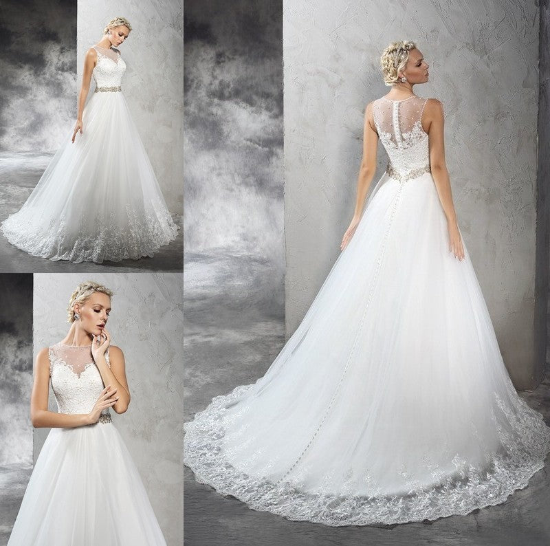 Sleeveless Neck Sheer A-Line/Princess Long Beading Net Wedding Dresses