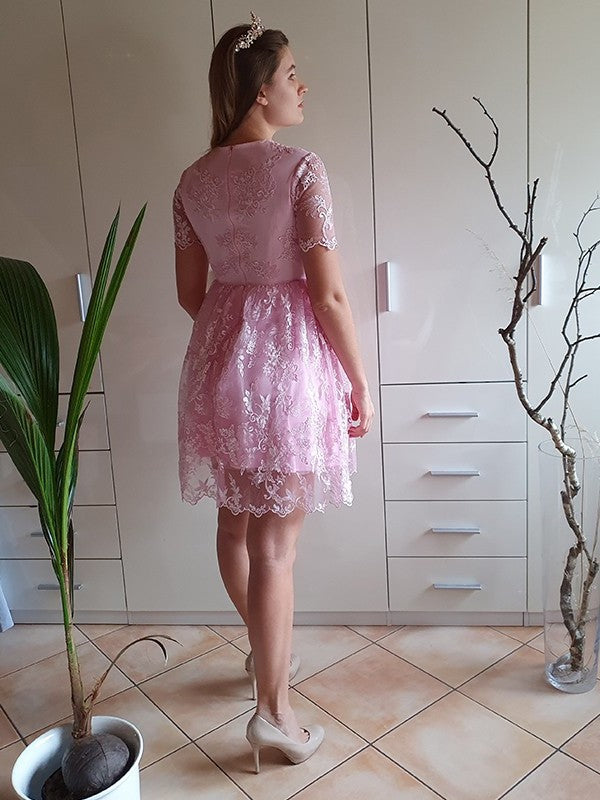 Applique Short Neck A-Line/Princess Organza Sleeves Sheer Short/Mini Homecoming Dresses