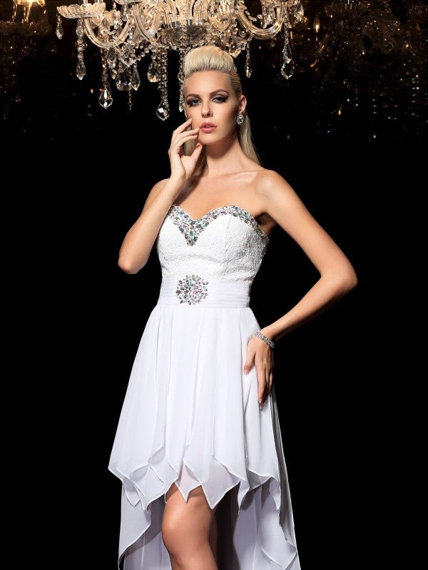 A-Line/Princess Cocktail Caroline Chiffon Homecoming Dresses Sweetheart Beading Sleeveless High Low Dresses