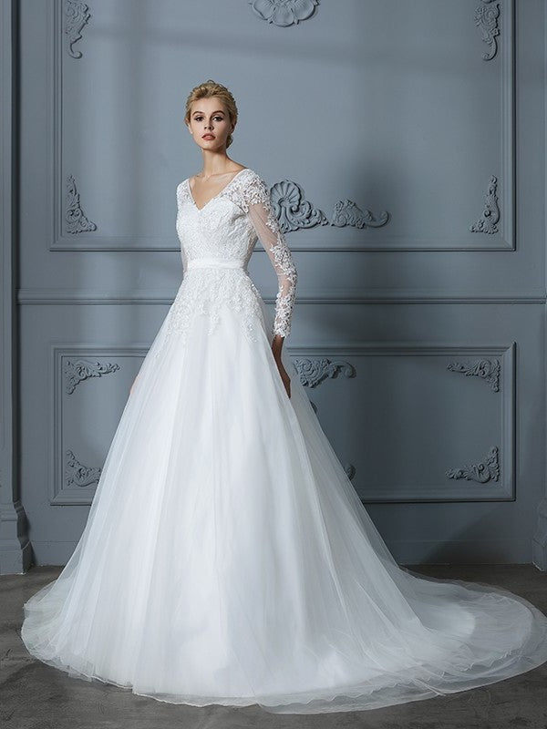 Ball V-neck Court Sleeves Long Train Lace Gown Tulle Wedding Dresses