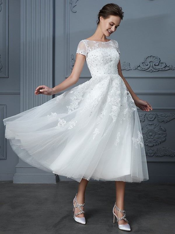 Tea-Length Scoop Short A-Line/Princess Sleeves Beading Tulle Wedding Dresses