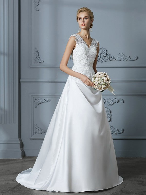 A-Line/Princess V-neck Sleeveless Sweep/Brush Applique Train Satin Wedding Dresses