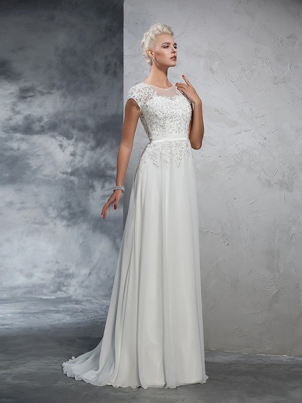 Neck Short Applique A-Line/Princess Long Sheer Sleeves Chiffon Wedding Dresses