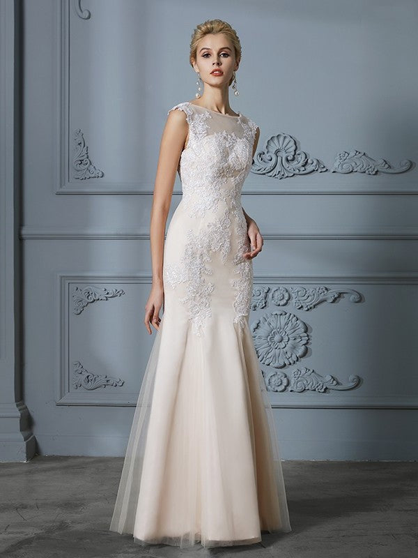 Trumpet/Mermaid Scoop Applique Tulle Sleeveless Floor-Length Wedding Dresses