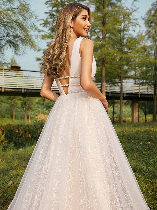 Tulle V-neck Ruffles A-Line/Princess Sweep/Brush Sleeveless Train Wedding Dresses