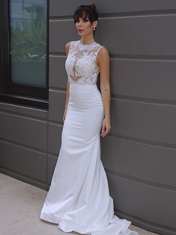 Applique Scoop Satin Sleeveless Court Trumpet/Mermaid Train Wedding Dresses