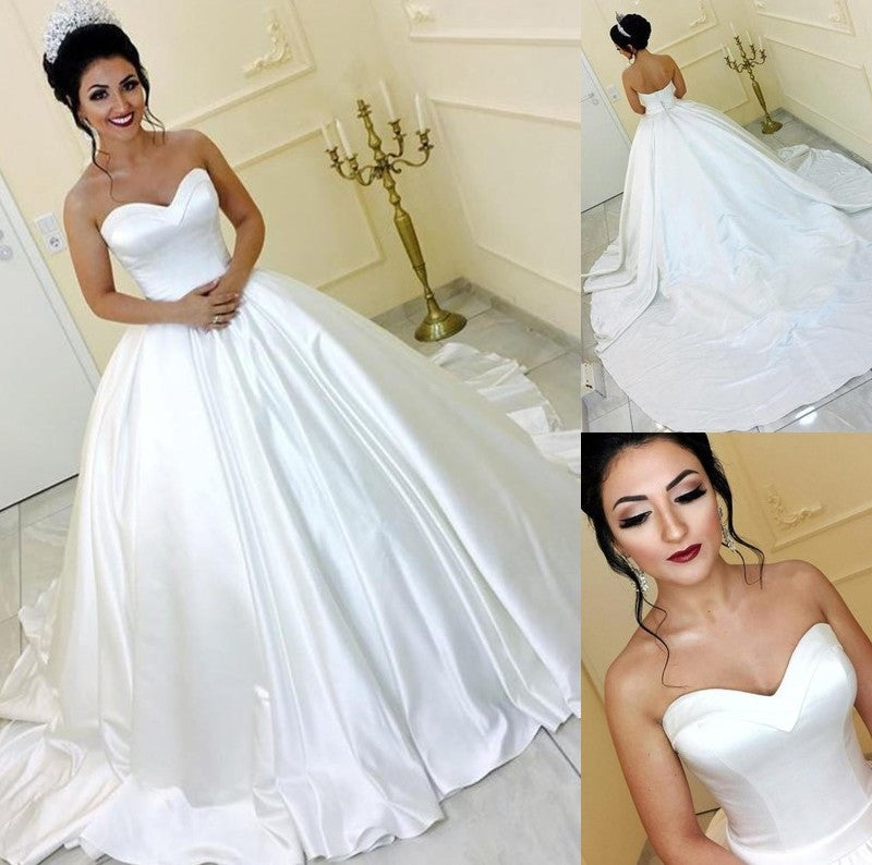 Sweetheart Sash/Ribbon/Belt Ball Satin Sleeveless Gown Cathedral Train Wedding Dresses