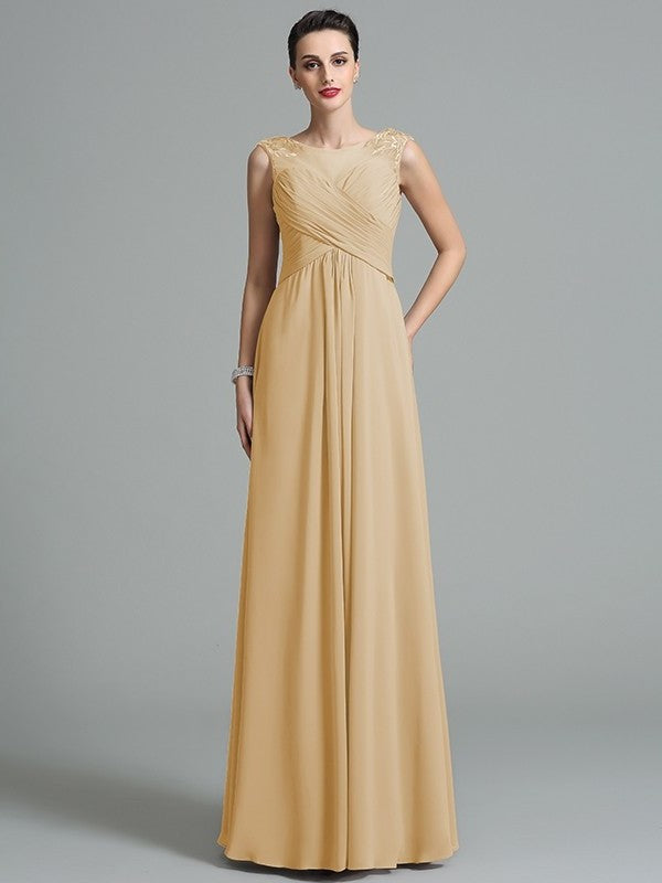 Long Sleeveless A-Line/Princess Ruched Scoop Chiffon Bridesmaid Dresses