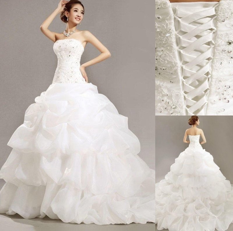 Lace Beading Train Ball Strapless Gown Cathedral Pleats Sleeveless Organza Wedding Dresses