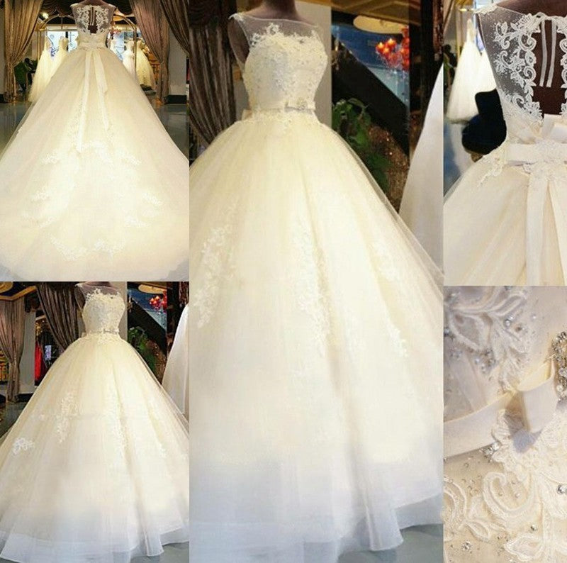 Train Ball Applique Scoop Gown Cathedral Sash/Ribbon/Belt Sleeveless Tulle Wedding Dresses