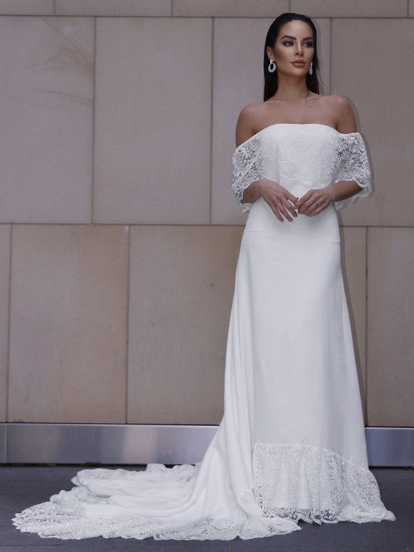 Sheath/Column Sweep/Brush Lace Short Ruffles Sleeves Off-the-Shoulder Train Wedding Dresses