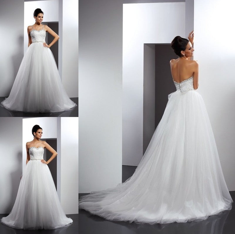 A-Line/Princess Long Straps Beading Spaghetti Sleeveless Tulle Wedding Dresses