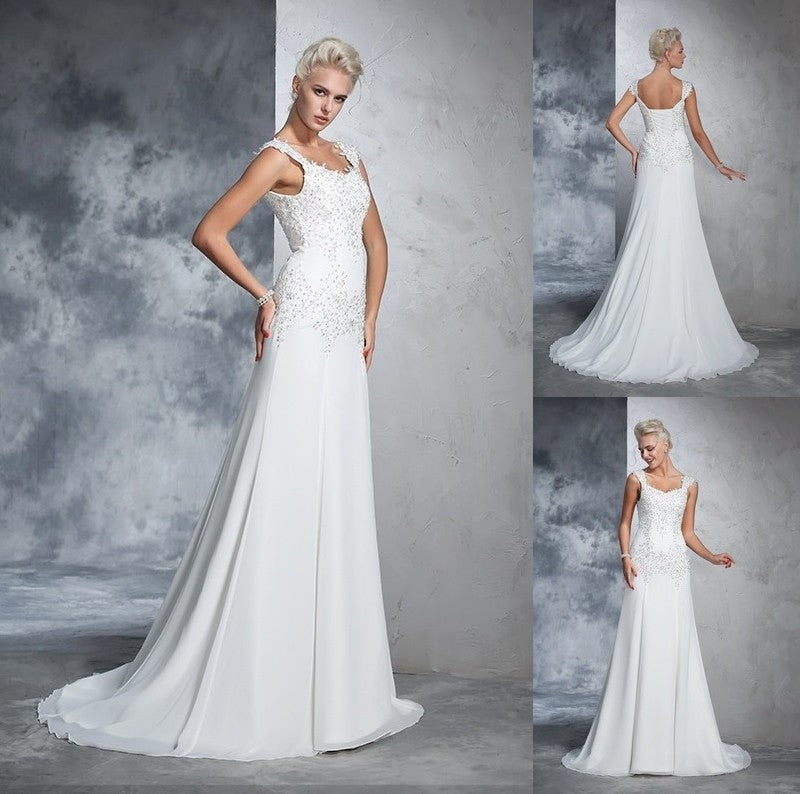 A-Line/Princess Sleeveless Straps Beading Long Chiffon Wedding Dresses