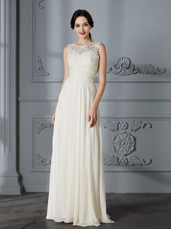 Scoop A-Line/Princess Chiffon Sleeveless Floor-Length Wedding Dresses