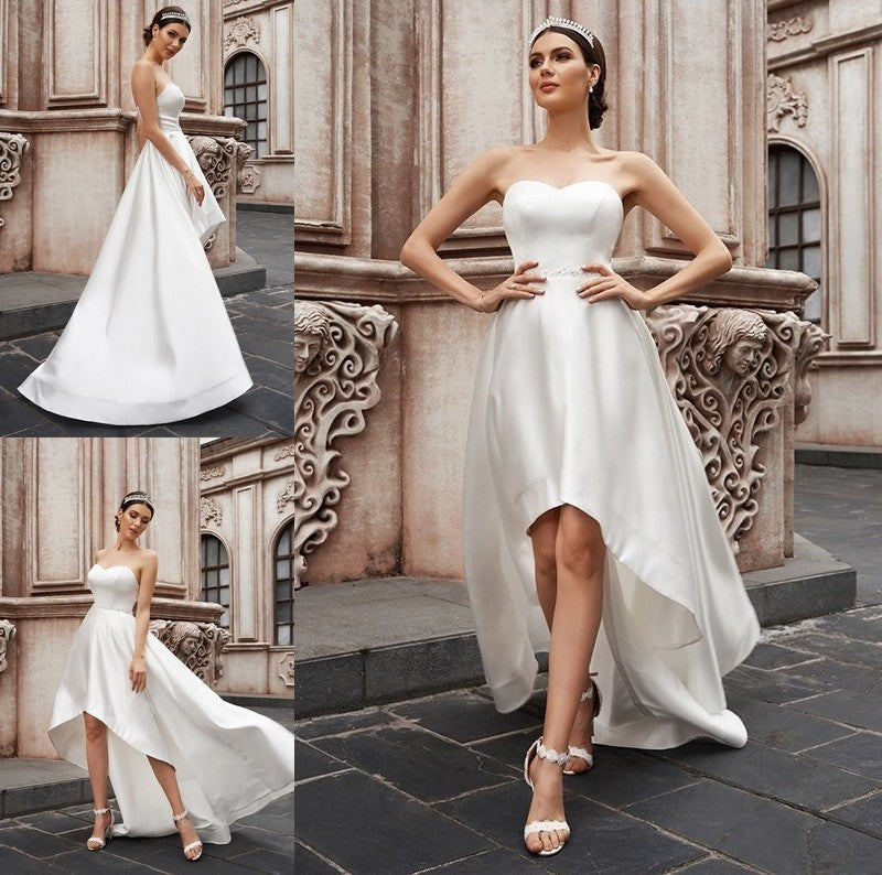 A-Line/Princess Sweetheart Ruffles Sleeveless Satin Asymmetrical Wedding Dresses