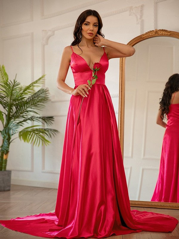 Sleeveless Silk Ruched A-Line/Princess like V-neck Satin Sweep/Brush Train Dresses