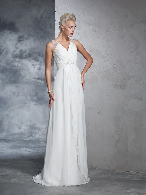 V-neck Ruched Long Sleeveless A-Line/Princess Chiffon Wedding Dresses