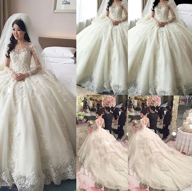 Applique Ball Lace Long Cathedral Scoop Gown Sleeves Train Tulle Wedding Dresses