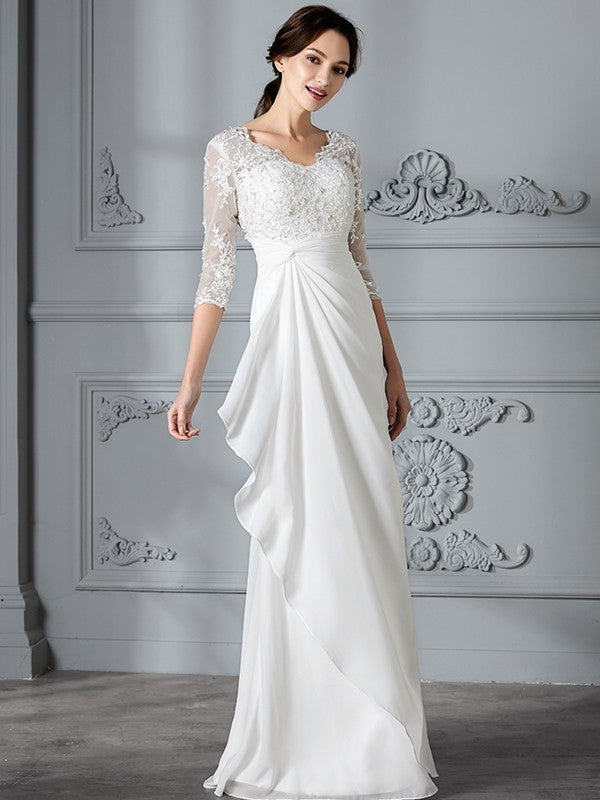 V-neck Chiffon Sheath/Column Sleeves 3/4 Floor-Length Wedding Dresses