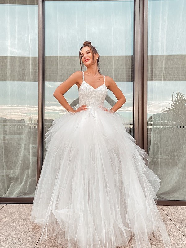 Sleeveless A-Line/Princess Tulle V-neck Ruched Floor-Length Wedding Dresses