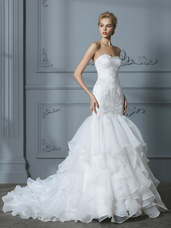 Sweep/Brush Train Ruffles Sweetheart Sleeveless Trumpet/Mermaid Organza Wedding Dresses