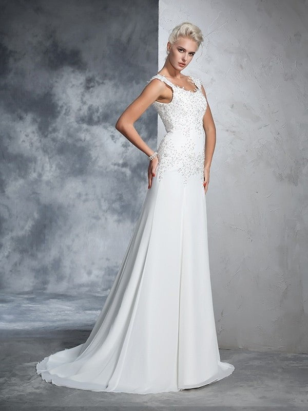 A-Line/Princess Sleeveless Straps Beading Long Chiffon Wedding Dresses