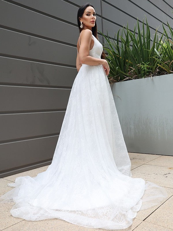 A-Line/Princess Lace Ruched Sweep/Brush V-neck Sleeveless Train Wedding Dresses