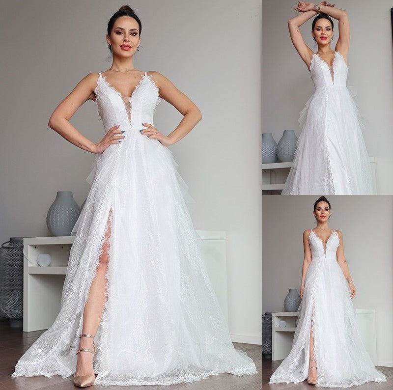 Ruffles A-Line/Princess Lace V-neck Sweep/Brush Sleeveless Train Wedding Dresses