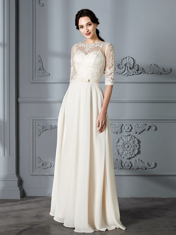 Floor-Length Scoop A-Line/Princess 1/2 Sleeves Chiffon Wedding Dresses