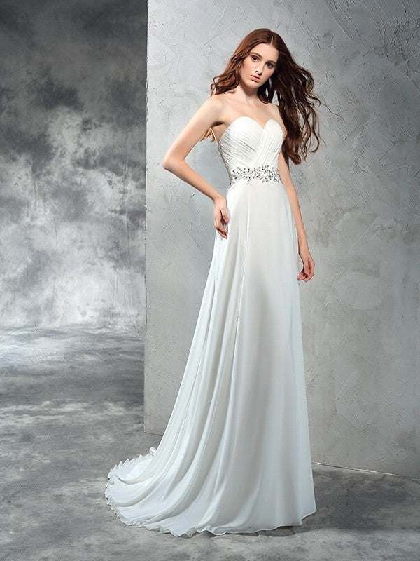 Pleats Sleeveless Sweetheart Long A-Line/Princess Chiffon Wedding Dresses