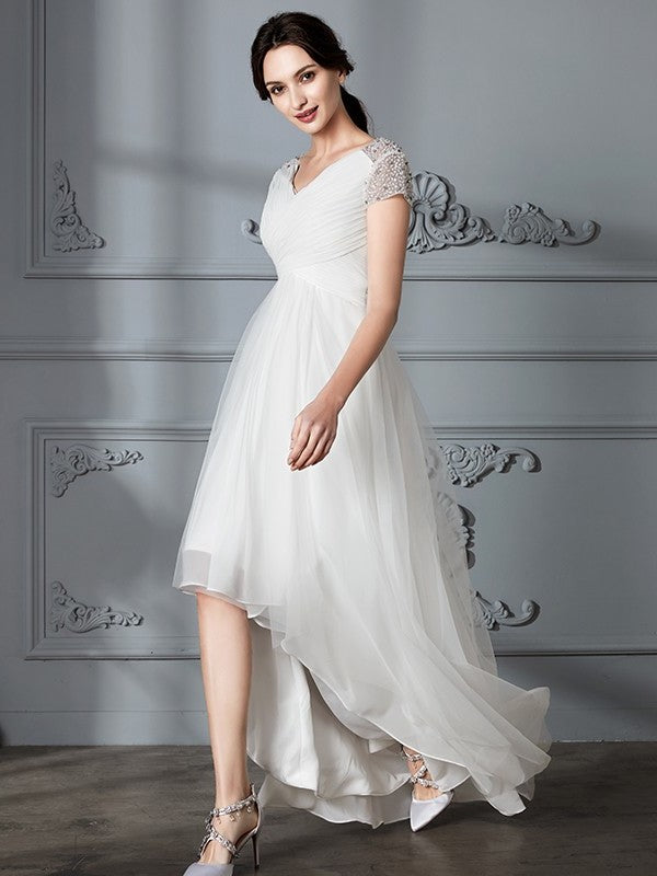 Asymmetrical Short V-neck A-Line/Princess Sleeves Tulle Wedding Dresses