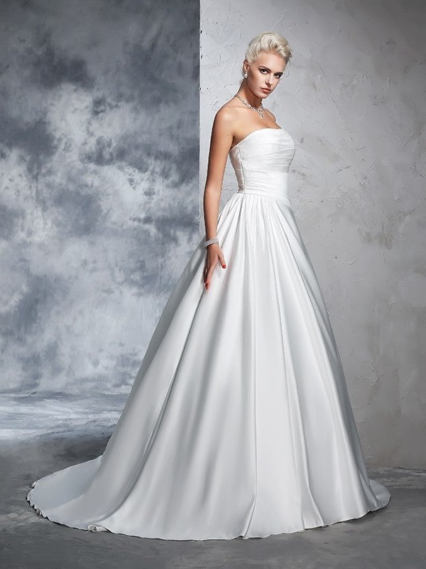 Sleeveless Ball Ruched Long Gown Strapless Satin Wedding Dresses