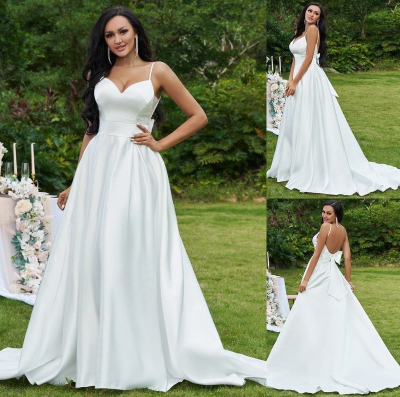 V-neck Satin Sleeveless Sweep/Brush A-Line/Princess Bowknot Train Wedding Dresses