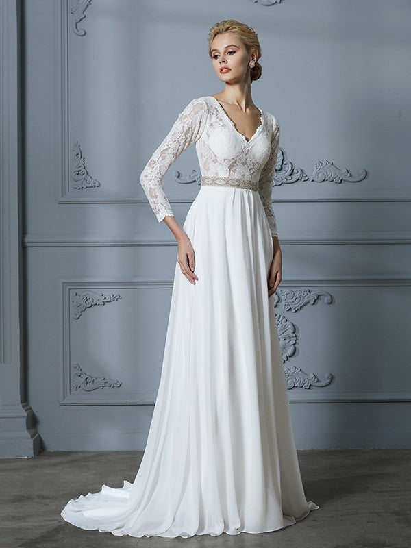 Lace V-neck Sweep/Brush A-Line/Princess Train Sleeves 3/4 Chiffon Wedding Dresses