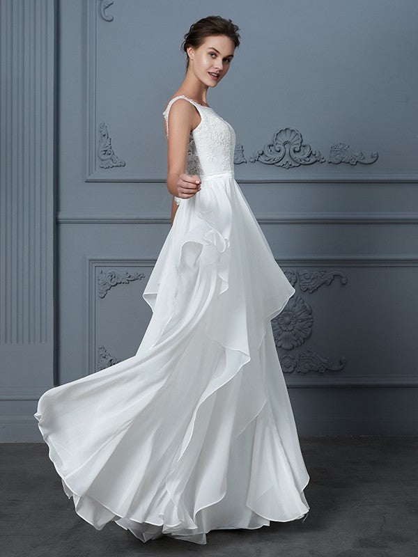 Ruffles Sleeveless A-Line/Princess Scoop Floor-Length Chiffon Wedding Dresses