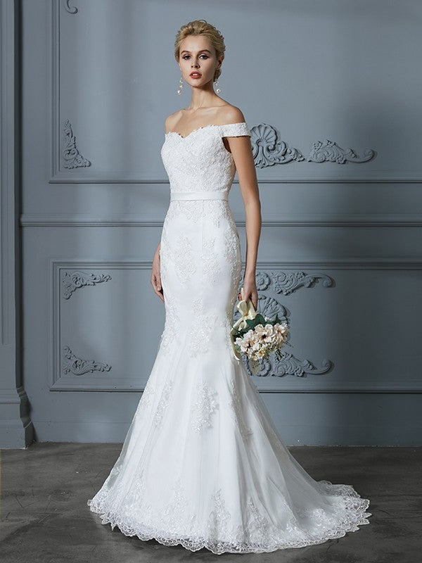 Trumpet/Mermaid Sleeveless Off-the-Shoulder Train Lace Sweep/Brush Tulle Wedding Dresses