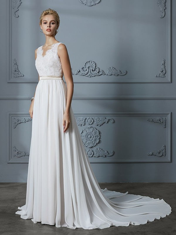 A-Line/Princess Chiffon Sleeveless V-neck Court Train Wedding Dresses