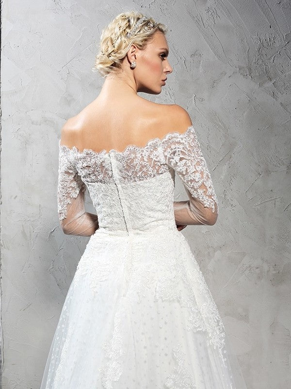 Lace Long Gown Long Sleeves Off-the-Shoulder Ball Net Wedding Dresses